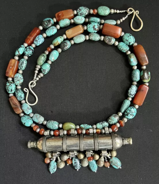 Hirz Prayer Box Amulet w/ Idar Oberstein Carnelian & Turquoise Berber necklace.