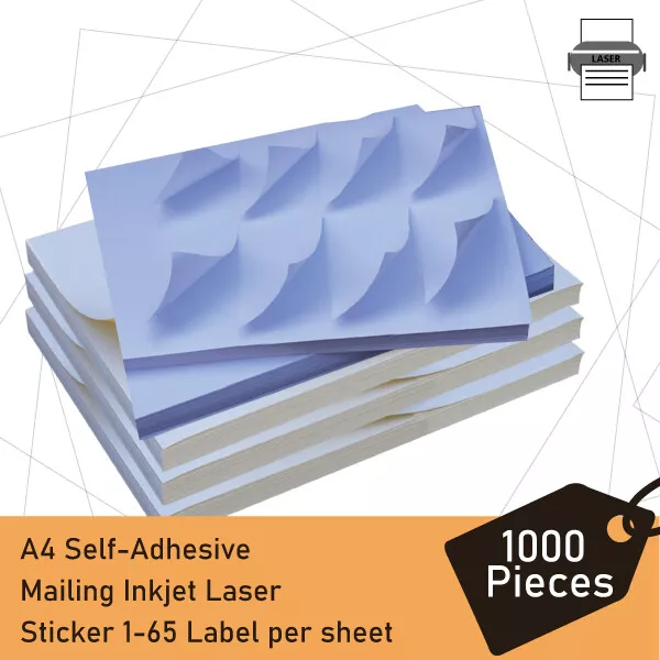 1000 Pieces x A4 Self-Adhesive Mailing Inkjet Laser Sticker 1-65 Label per sheet