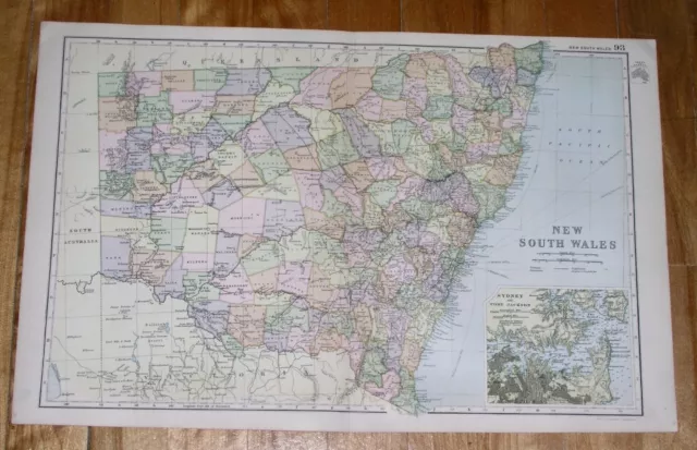 1908 Antique Map Of New South Wales / Australia / Sydney Inset Map