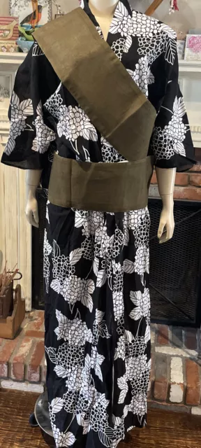 Japanese Kimono Obi Set Brown Gold Womens Robe Cotton Silk Black Floral