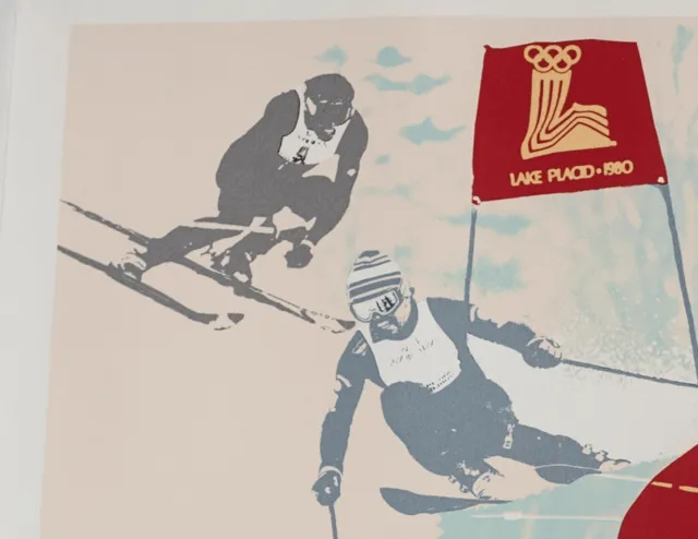 Original Vintage 1980 Winter Olympics Lake Placid Ski Poster on Linen 25 x 19