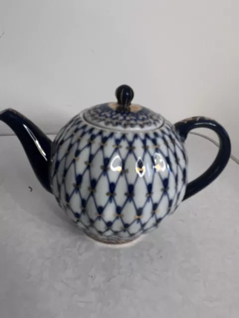 22K Gold Cobalt Net Tea Pot Russian Imperial Lomonosov porcelain