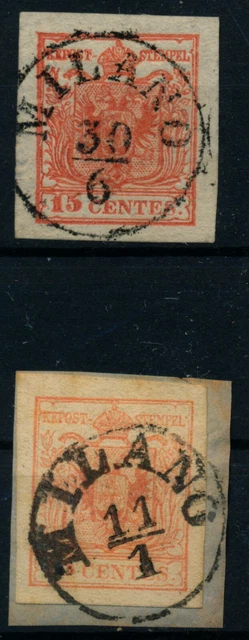 LOMBARDEI-VENETIEN 1850 15C, HP, Type III. Randdruck und 15C, MP, MILANO. Schön!
