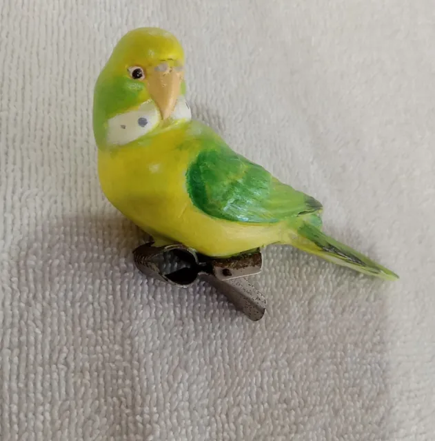 Vintage Parakeet Bisque Ceramic Green Clip On Bird Ornament Figurine