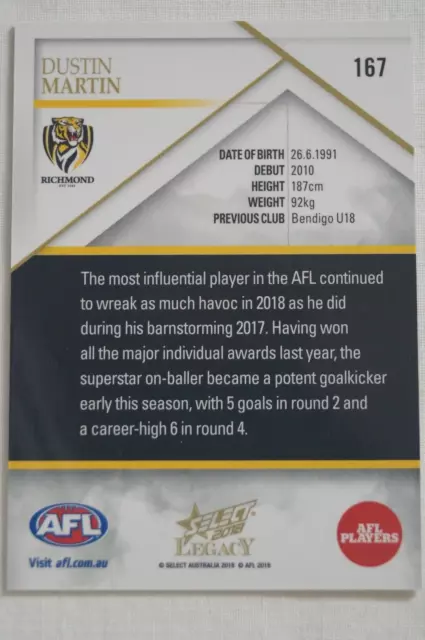 Richmond Tigers AFL-VFL Football Select Legacy In Action Card Dustin Martin 2