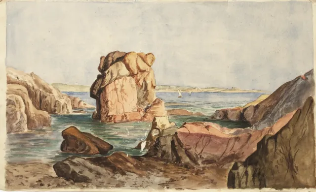 Küstenlandschaft Felsen coastal landscape rocks Aquarell watercolor drawing 1880