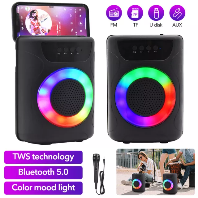 Portable TWS Wireless Bluetooth 5.0 Speaker Subwoofer Karaoke Machine LED AUX FM