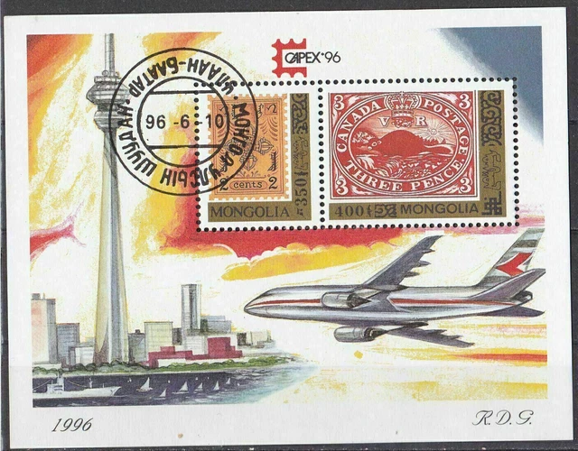 schöner Block mit Flugzeug aus der Mongolei 1996 Avion Airplane Avión Avião ---