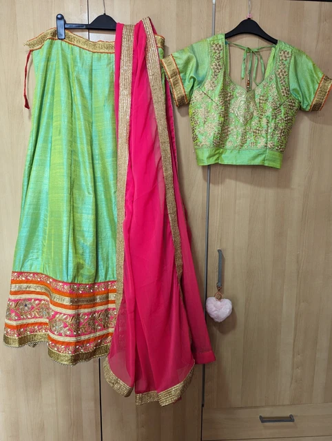 Choli indiani Lehenga taglia 12-14 seta grezza rosa, verde, oro navratri garba...