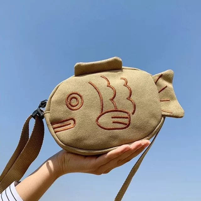 Cute Canvas Messenger Bag Embroidery Fish Shape Zippered Small Purses Handbags