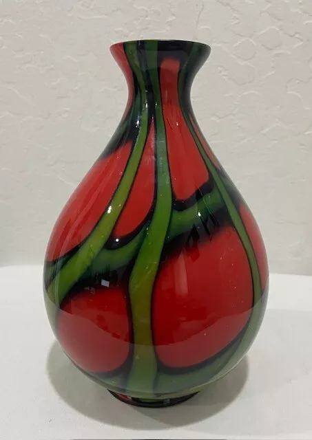 Vintage Czech KRALIK 7-3/4" Red & Green Vine Vase 3D Glass Signed Czechoslovakia