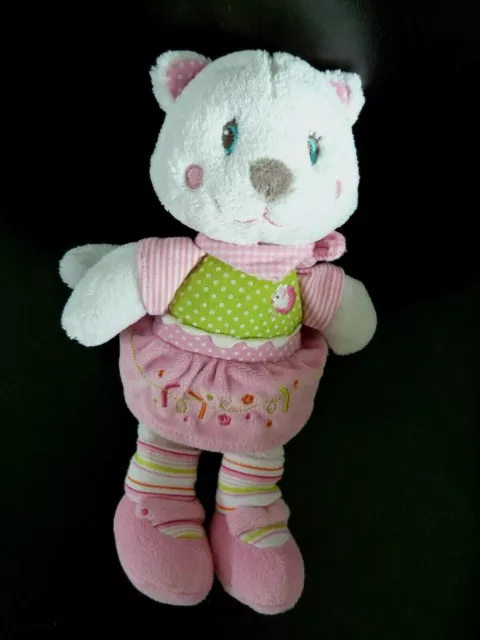 O1. DOUDOU PELUCHE CHAT NICOTOY ROBE ROSE VERT BLANC SOURIS RAYE 25cm - TTBE