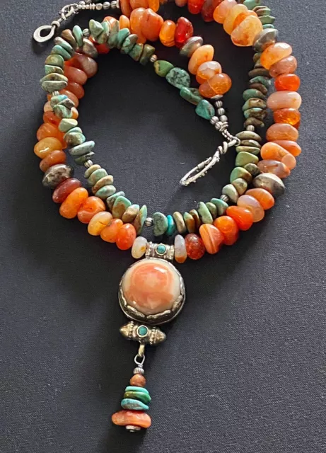 Tibetan Nepalese Gau Ghau Box W/ Carnelian& Turquoise Handmade 2 Rows necklace.