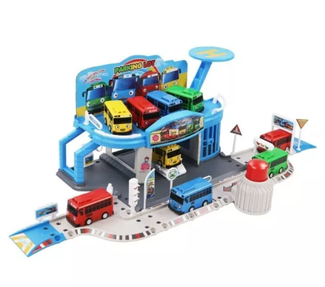 The Little Bus Tayo Rogi Rani Push Button Parking Lot Rail Garage Toy Mini set