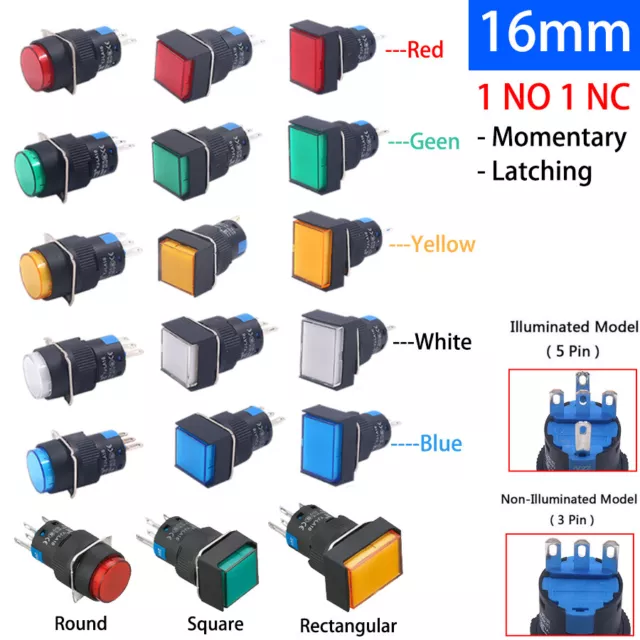 16mm Push Button Switch Momentary Latching ON/OFF 1 NO 1 NC 5A 250V Illuminated