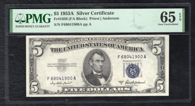 Fr. 1656 1953-A $5 Silver Certificate Note Pmg Gem Uncirculated-65Epq (C)