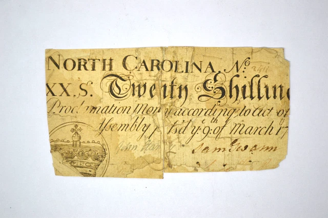 North Carolina March 9, 1754 20s Fine; with backing, damage, repairs.