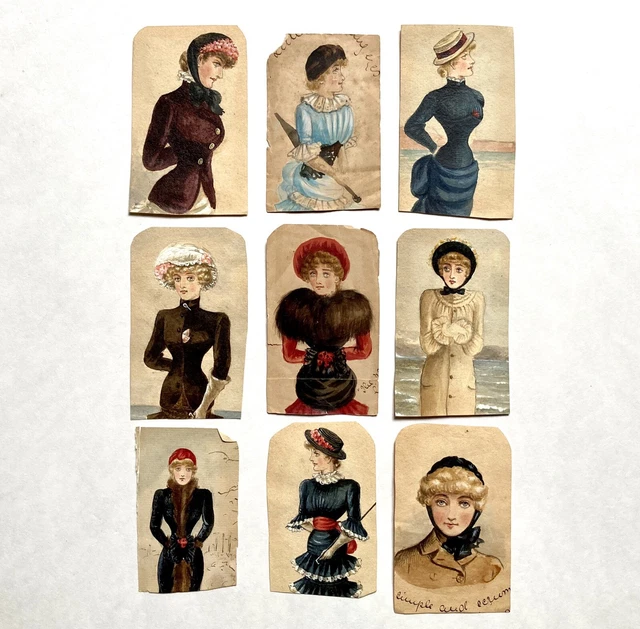 Set 9 Late Victorian Edwardian Miniature Watercolor Portrait Sketches Paintings