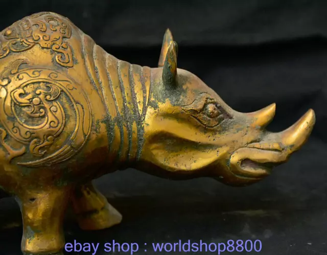 13,6"Alte china Bronze vergoldete Bestie Nashorn Drachenmuster Zun Statue 2