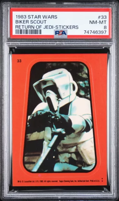 1983 Topps Star Wars Return of the Jedi Sticker #33 Biker Scout (orange) PSA 8