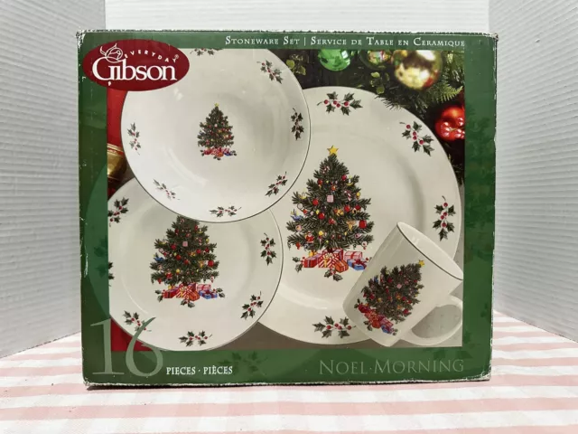Christmas Noel Morning 16 Piece Gibson Everyday  Stoneware Set Open Box