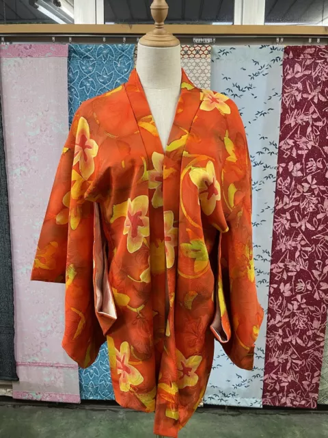 SILK Orange HAORI Vintage Japanese KIMONO Dress cardigan Yukata women