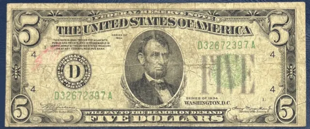 1934 $5 Five Dollar Federal Reserve Note Cleveland Circulated D 32672397A