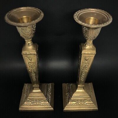 Antique Victorian Cast Brass Candlesticks Pair Ornate Laurel Rams Head Patina