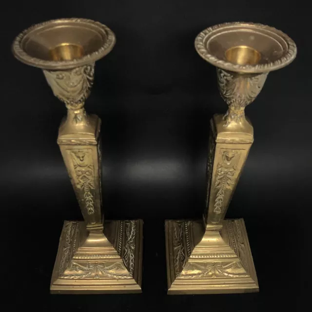 Antique Victorian Cast Brass Candlesticks Pair Ornate Laurel Rams Head Patina