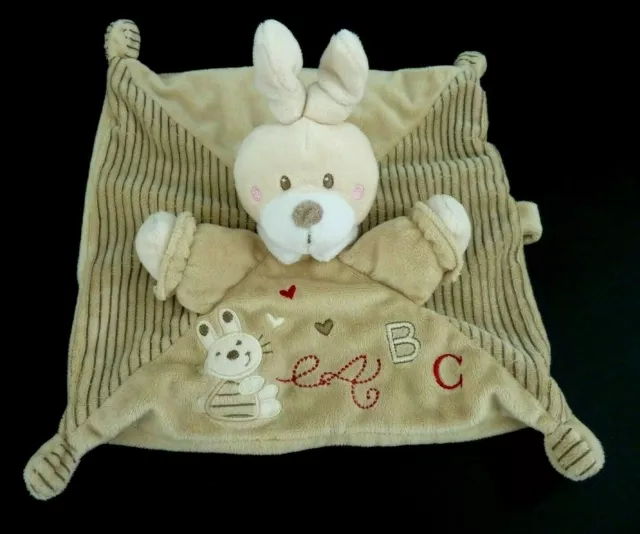 *. Doudou Plat Nicotoy Lapin Marron Beige Raye Abc Coeur Rouge - Excellent Etat