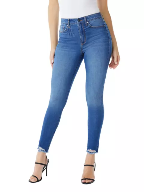 Curvy Skinny Super High Rise Sofia Jeans Womens Rosa Ankle Destructed Hem Button