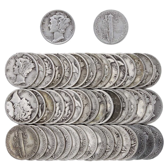 Mercury Dime Roll 90% Silver $5 Face 50 Circulated Mixed Date US Coin Lot