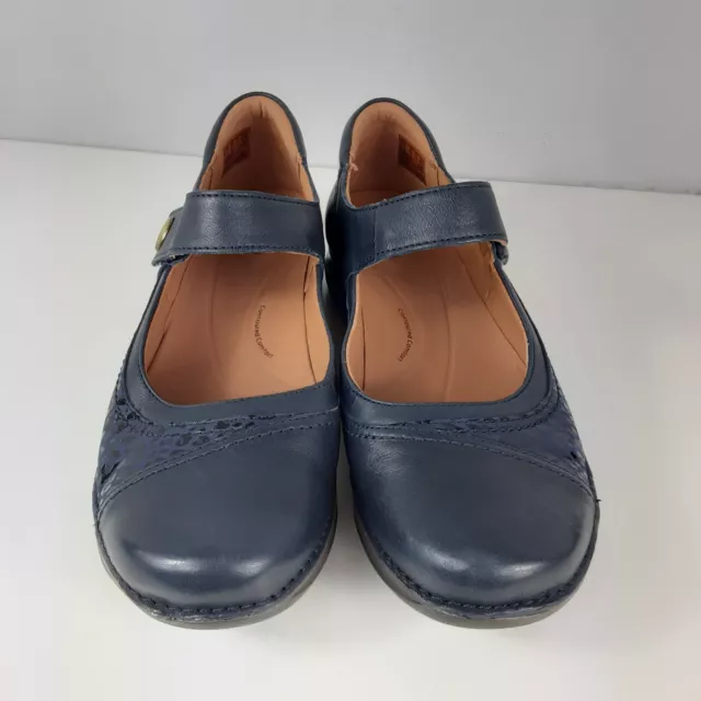 CLARKS LEATHER MARYJANE Shoes Womens 9.5 Navy Blue Comfort Unstructured ...