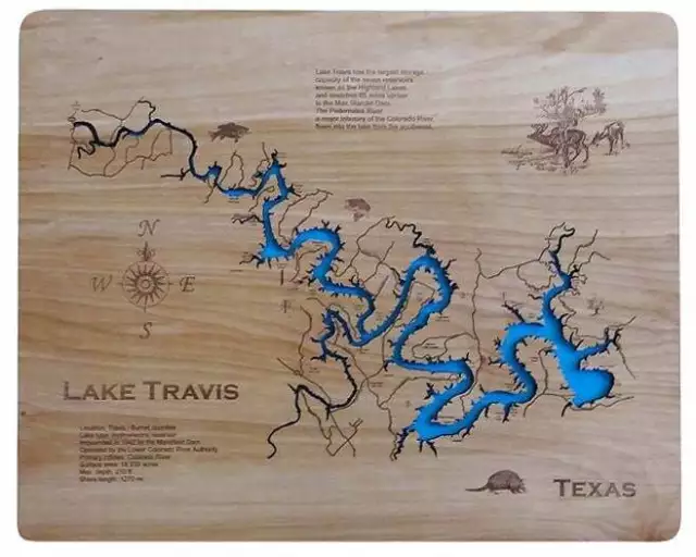 Lake Travis, Texas - Laser Cut Wood Map | Wall Art | Made to Order