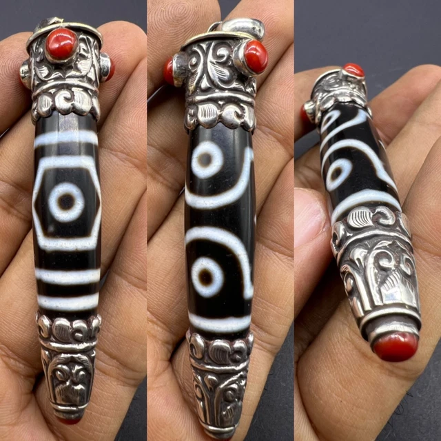 Ancient Old Himalayan Tibetan Antiquities 2 Dzi Eye Agate Bead Pure Sliver Amule