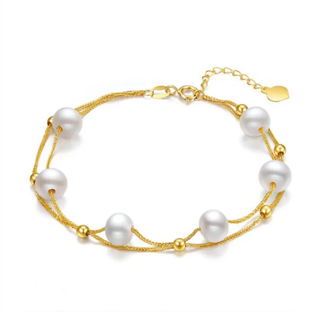 18K Solid Gold Natural Freshwater Pearl Double layer Bracelet Bead Heart Charm