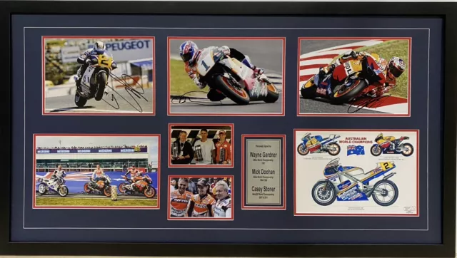 MICK DOOHAN + WAYNE GARDNER + CASEY STONER Signed Photos 500cc MOTOGP FRAMED COA