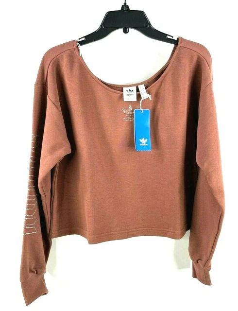 Adidas Sweatshirt Womens Large Pinkish Brown Slouchy Crew Scoop Neck Bling Logo