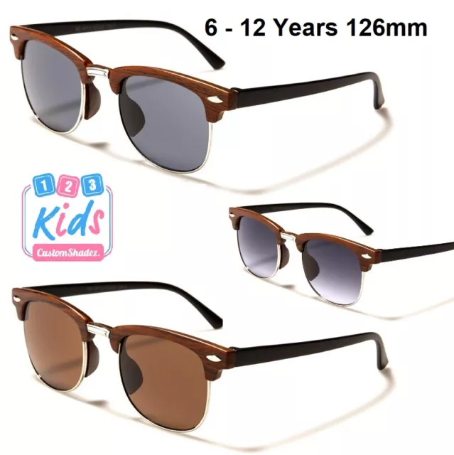 Kids / Children's Sunglasses - Boys / Girls Wood Print - Retro Half Rimmed Frame