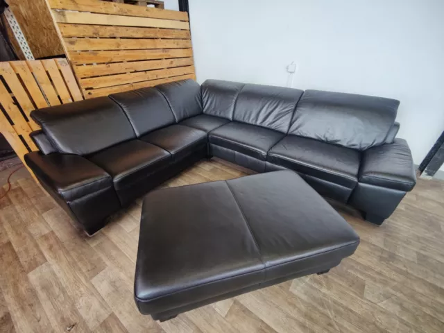 Ledersofa Eckcouch Schwarz Schlafsofa Wohnlandschaft Hocker Echtleder