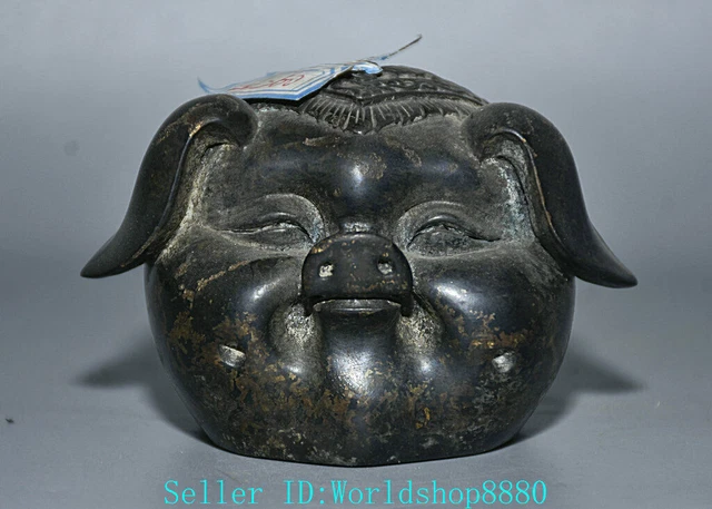 3.2'' Ancient Chinese Dynasty Bronze 12 Zodiac Pig Head Bat Statue Sculpture