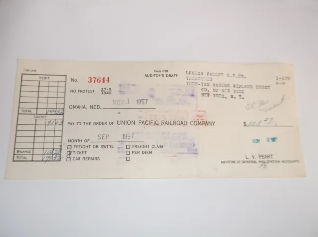 November 1957 Lehigh Valley Railroad Company Check To Union Pacific