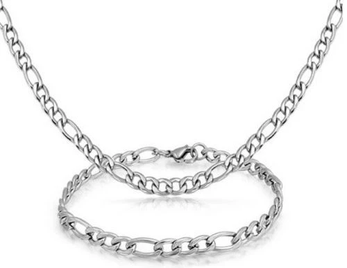 Parure Homme Chaîne Et Bracelet Acier Finition Or Grains De Café - Longueur 60cm, Largeur 7mm, Neuf