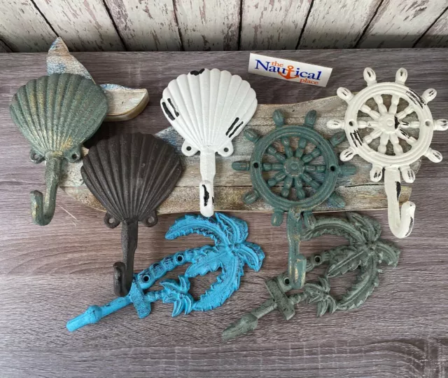 Nautical Cast Iron Wall Hooks - Palm Tree, Seashell, Ship Wheel - Towel Hanger