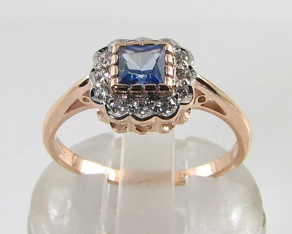 DAINTY 9k ROSE GOLD CEYLON SAPPHIRE and DIAMOND ART DECO INS HALO RING Size O