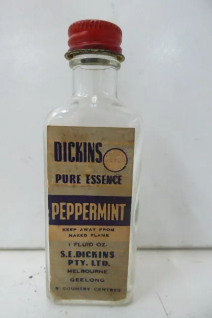 Antique Dickins Pure Peppermint Essence Bottle With Label Melbourne Australia