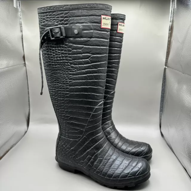 Hunter x Jimmy Choo Croc Wellington Boots Size UK 4 US 6 Dark Grey Crocodile