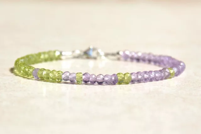 Green Peridot+Amethyst 3-4mm Rondelle Faceted Handmade Beaded Bracelet 7"