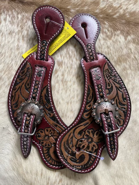 Two Tone Genuine Floral Tooled Leather Western PAIR Ladies Size Spur Straps