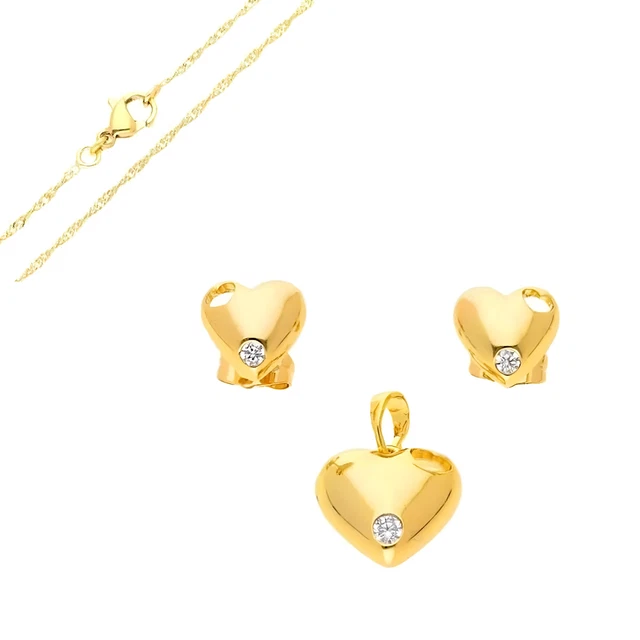 Parure De Bijoux Femme En Coeur, Cristal Rose Rubis Sur Plaqué Or 750/1000 - 4 Pièces